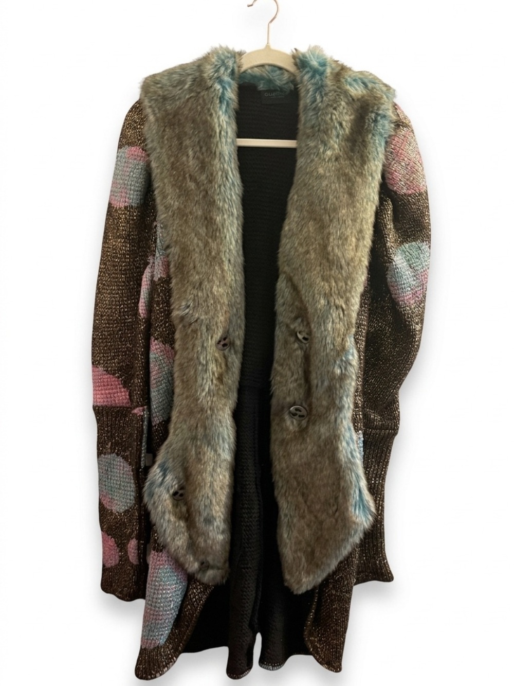CUSTO BARCELONA fur collar bronze painted knit glitter sweater Y2K whimsical
